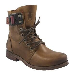 FLY London Stay Rug Biker Boots Combat Leather Lace Up Buckle Strap Brown 8